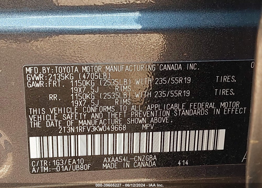 2019 TOYOTA RAV4 LIMITED VIN: 2T3N1RFV3KW049668