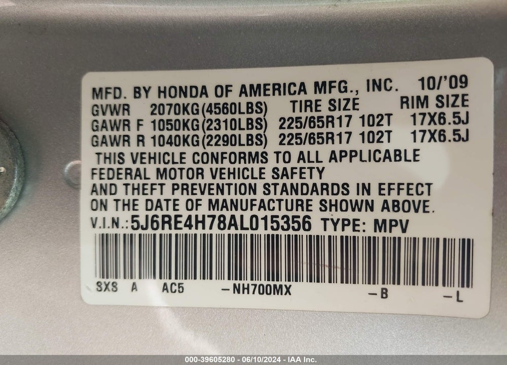 2010 HONDA CR-V EX-L VIN: 5J6RE4H78AL015356