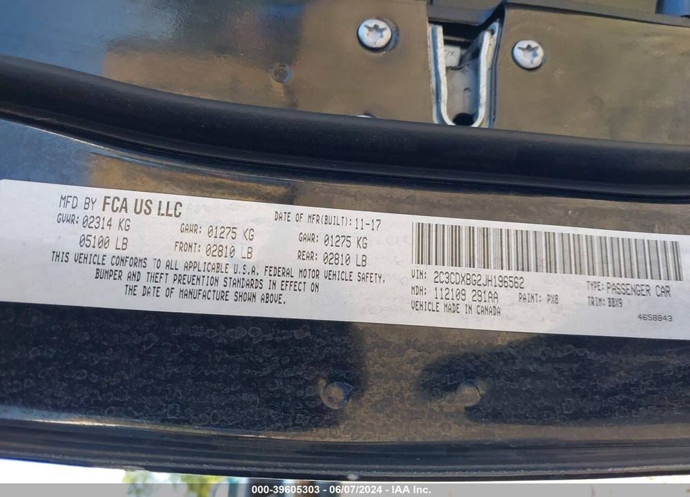 2018 DODGE CHARGER SXT RWD VIN: 2C3CDXBG2JH196562