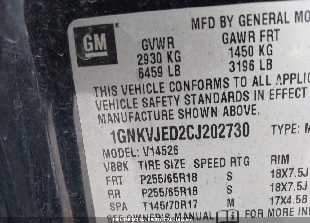 2012 CHEVROLET TRAVERSE VIN: 1GNKVJED2CJ202730