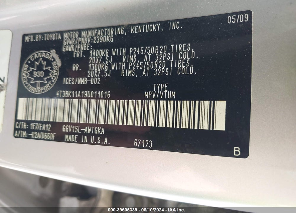 2009 TOYOTA VENZA BASE V6 VIN: 4T3BK11A19U011016