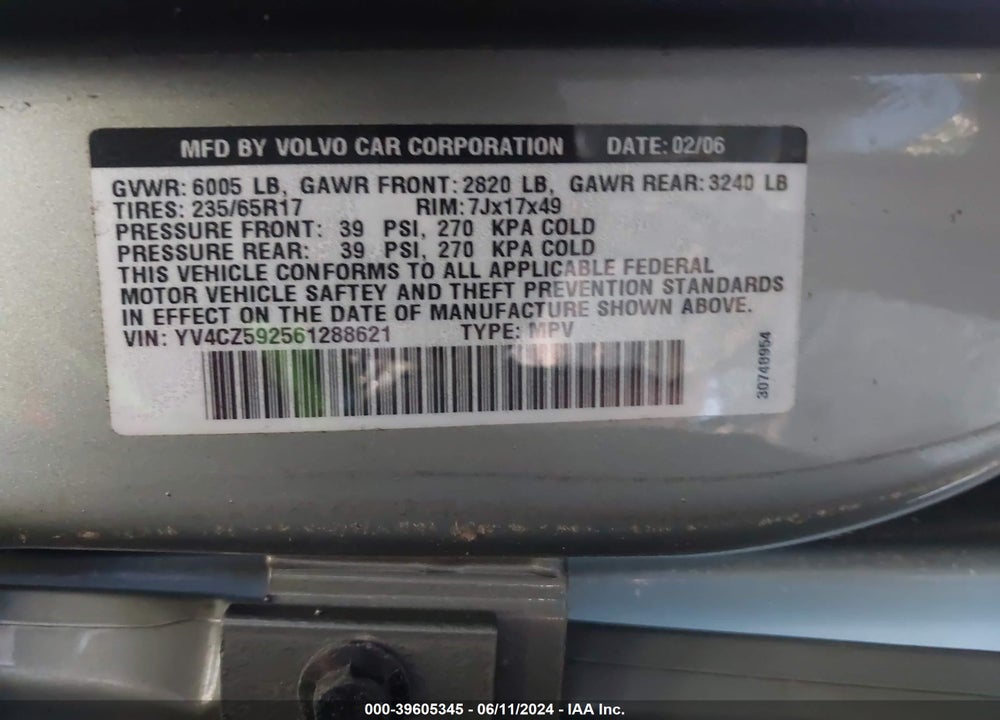 2006 VOLVO XC90 2.5T VIN: YV4CZ592561288621