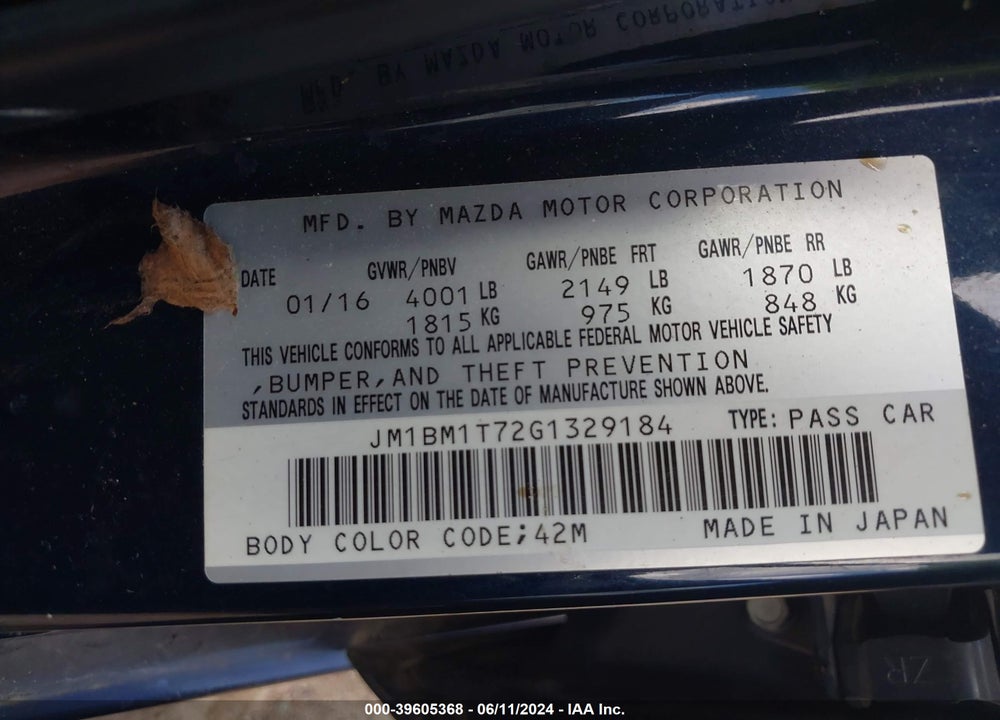 2016 MAZDA 3 I SPORT VIN: JM1BM1T72G1329184