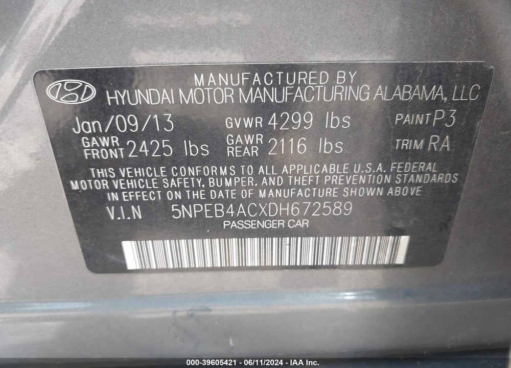 2013 HYUNDAI SONATA GLS VIN: 5NPEB4ACXDH672589