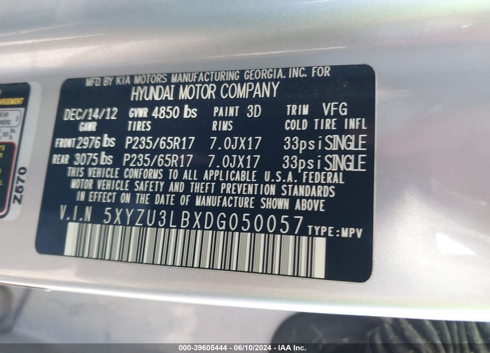 2013 HYUNDAI SANTA FE SPORT VIN: 5XYZU3LBXDG050057