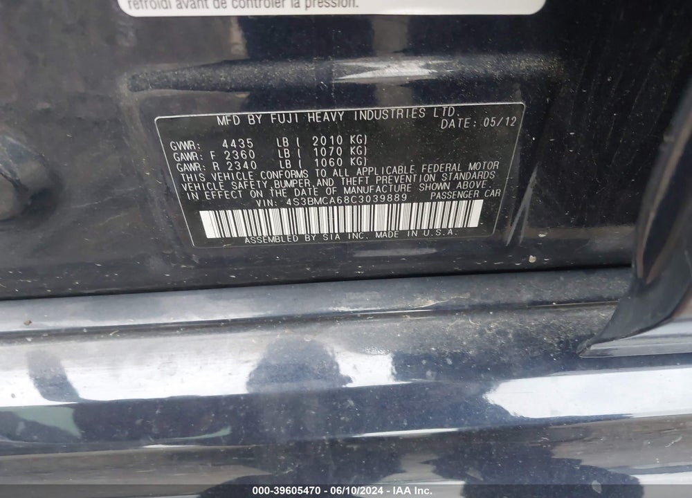 2012 SUBARU LEGACY 2.5I VIN: 4S3BMCA68C3039889