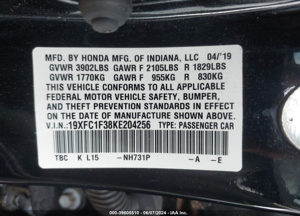 2019 HONDA CIVIC EX VIN: 19XFC1F38KE204256