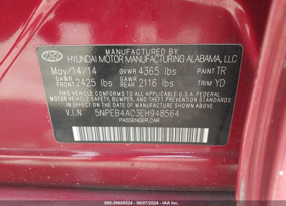 2014 HYUNDAI SONATA GLS VIN: 5NPEB4AC3EH948564