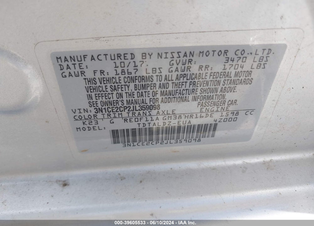 2018 NISSAN VERSA NOTE SV VIN: 3N1CE2CP2JL359098
