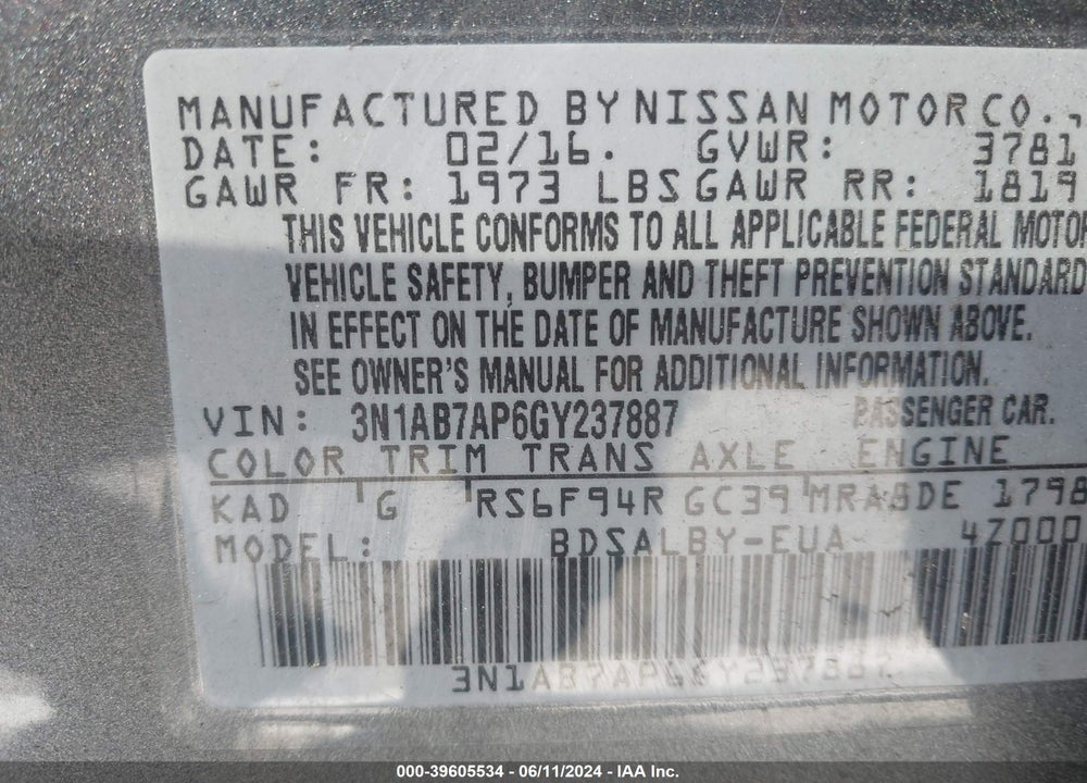2016 NISSAN SENTRA S VIN: 3N1AB7AP6GY237887