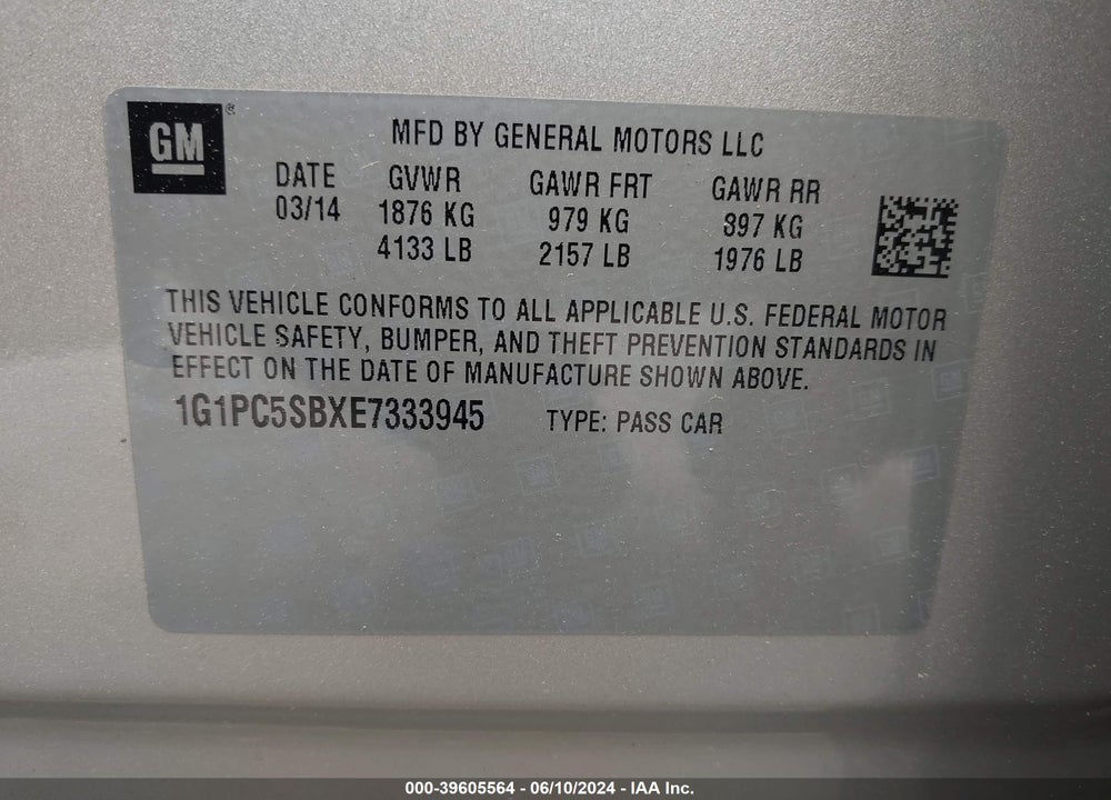 2014 CHEVROLET CRUZE 1LT AUTO VIN: 1G1PC5SBXE7333945