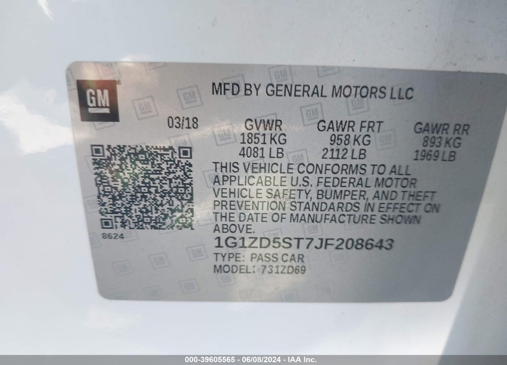 2018 CHEVROLET MALIBU LT VIN: 1G1ZD5ST7JF208643