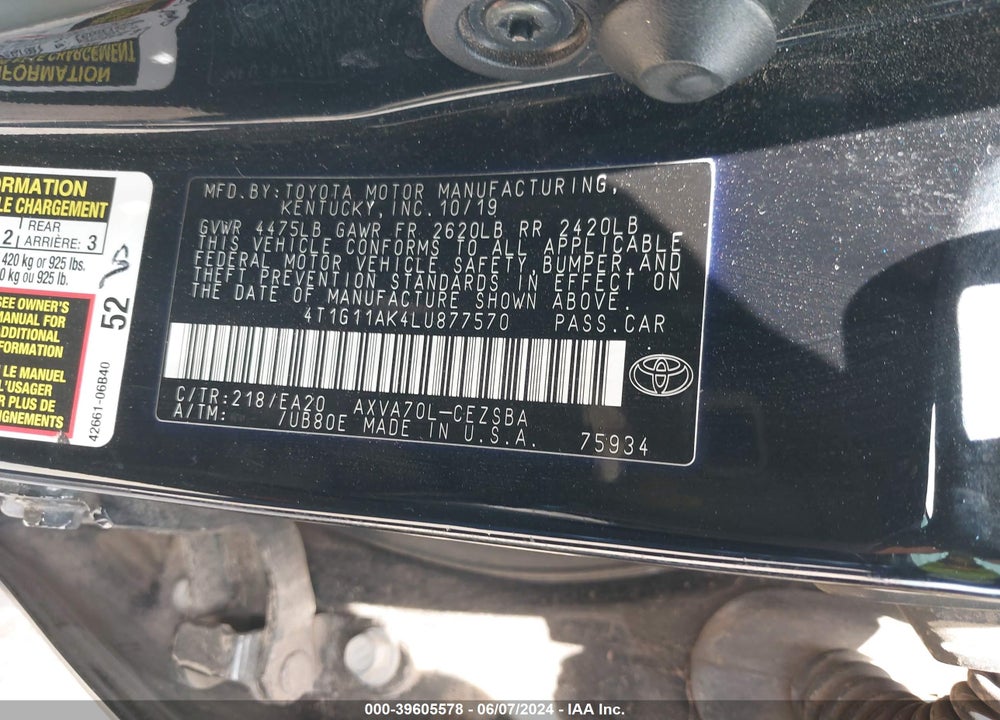 2020 TOYOTA CAMRY SE VIN: 4T1G11AK4LU877570