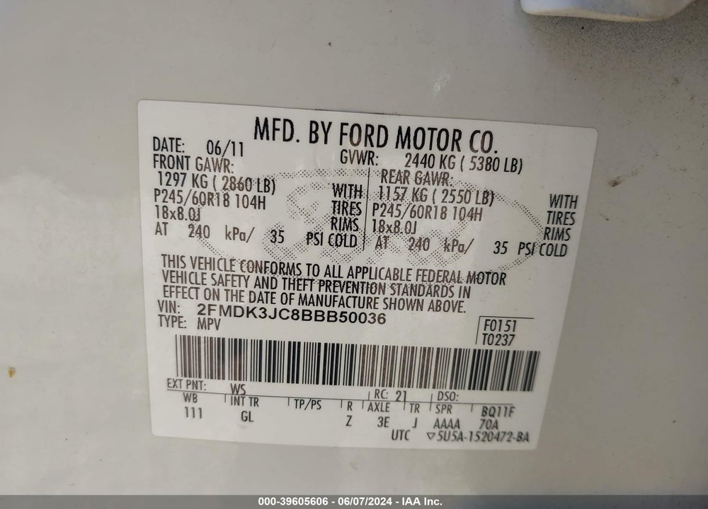 2011 FORD EDGE SEL VIN: 2FMDK3JC8BBB50036