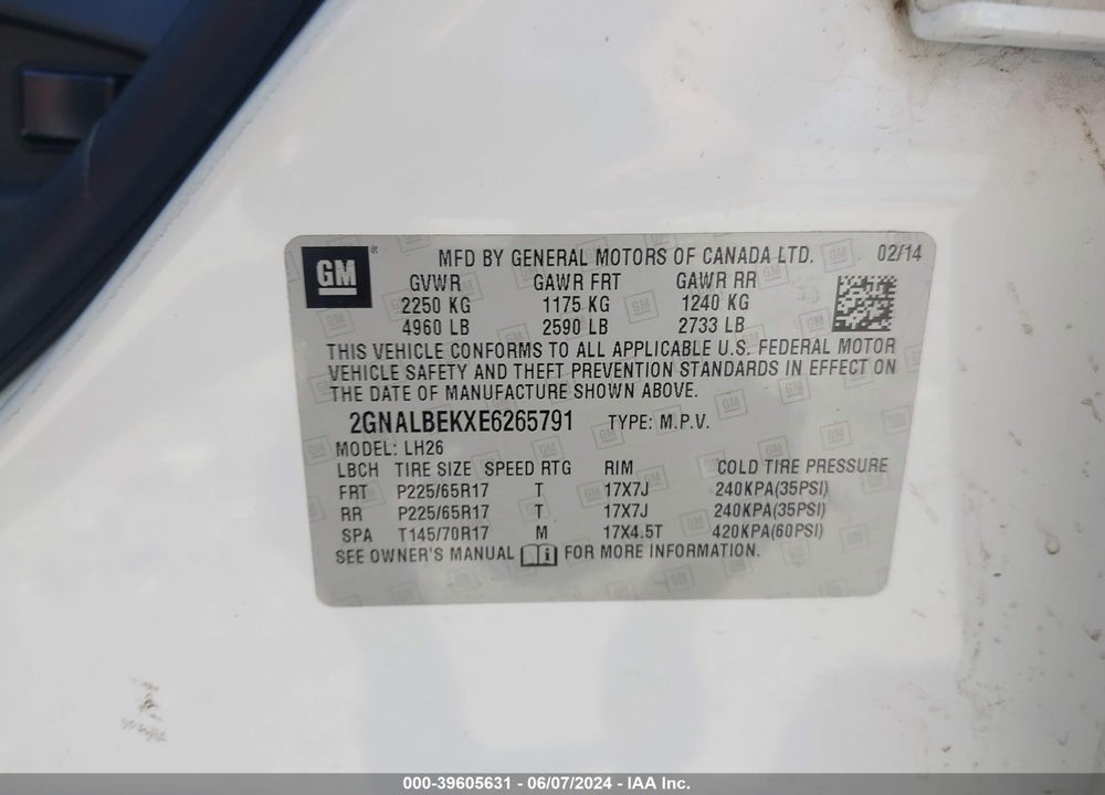 2014 CHEVROLET EQUINOX 1LT VIN: 2GNALBEKXE6265791