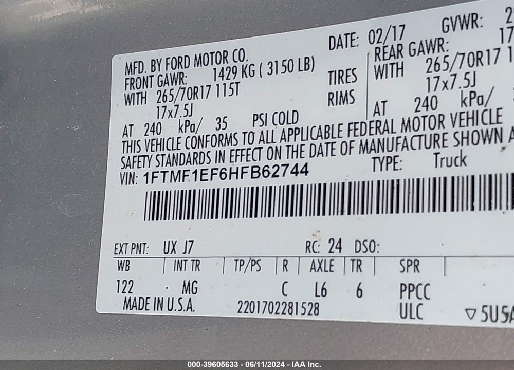 2017 FORD F-150 XLT VIN: 1FTMF1EF6HFB62744