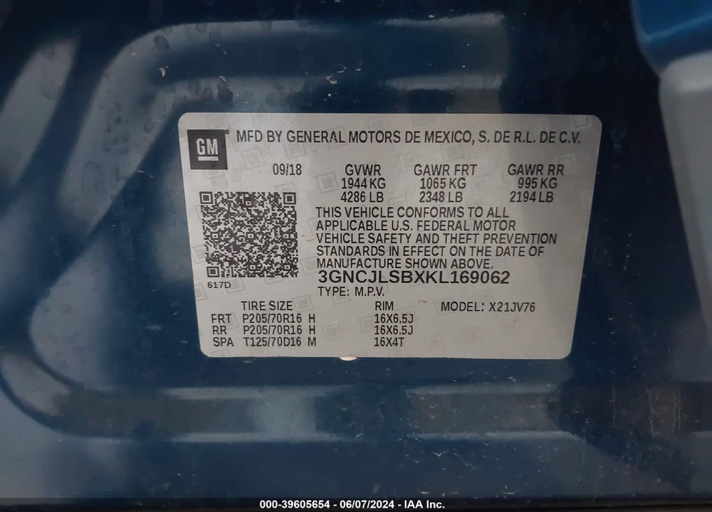 2019 CHEVROLET TRAX LT VIN: 3GNCJLSBXKL169062