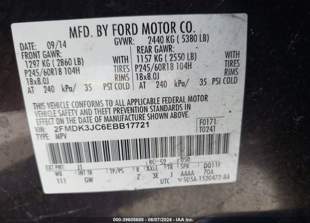 2014 FORD EDGE SEL VIN: 2FMDK3JC6EBB17721