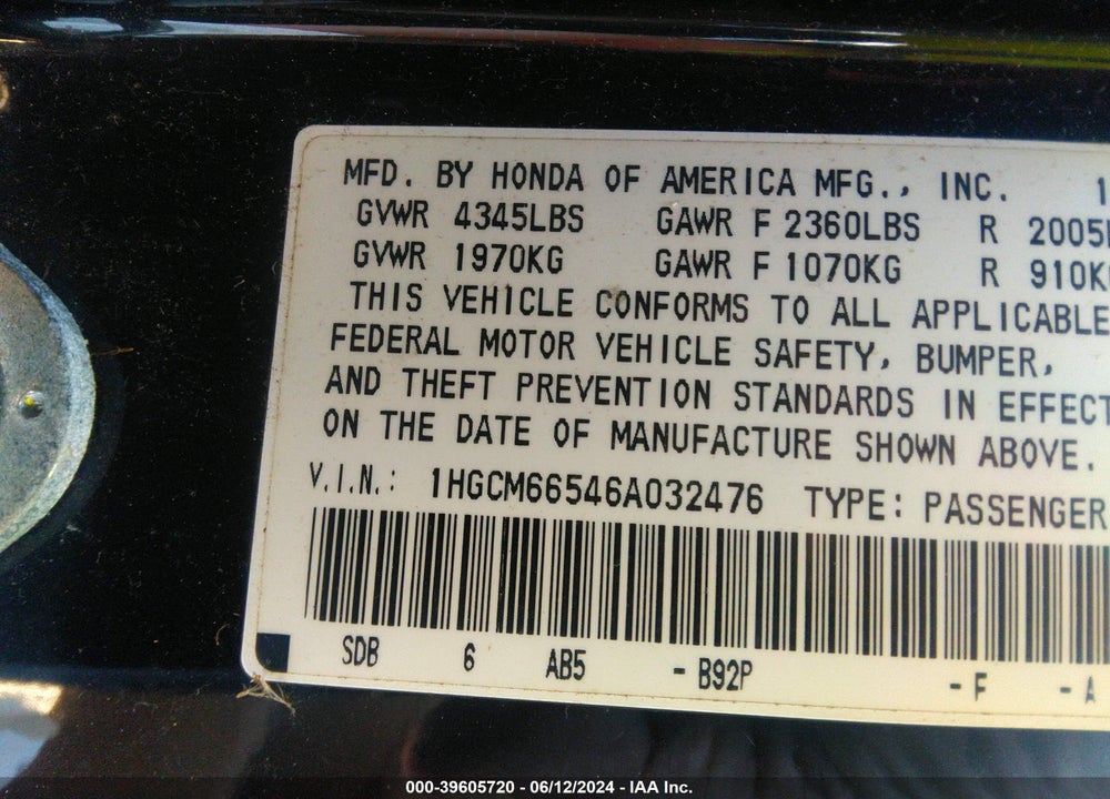 2006 HONDA ACCORD 3.0 EX VIN: 1HGCM66546A032476