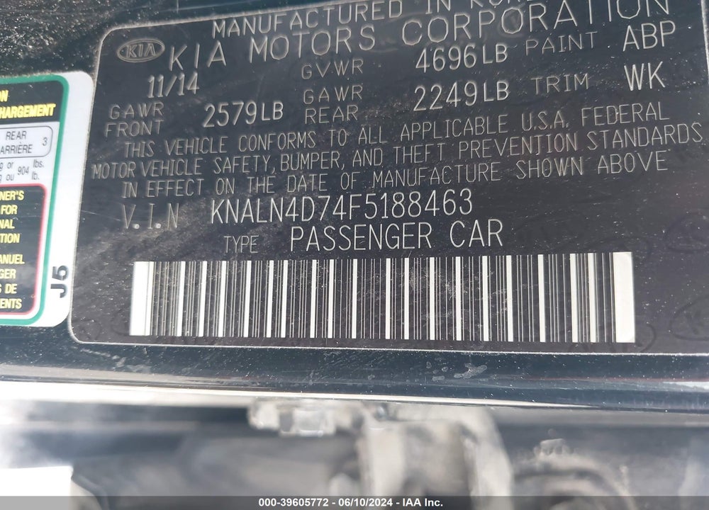 2015 KIA CADENZA VIN: KNALN4D74F5188463