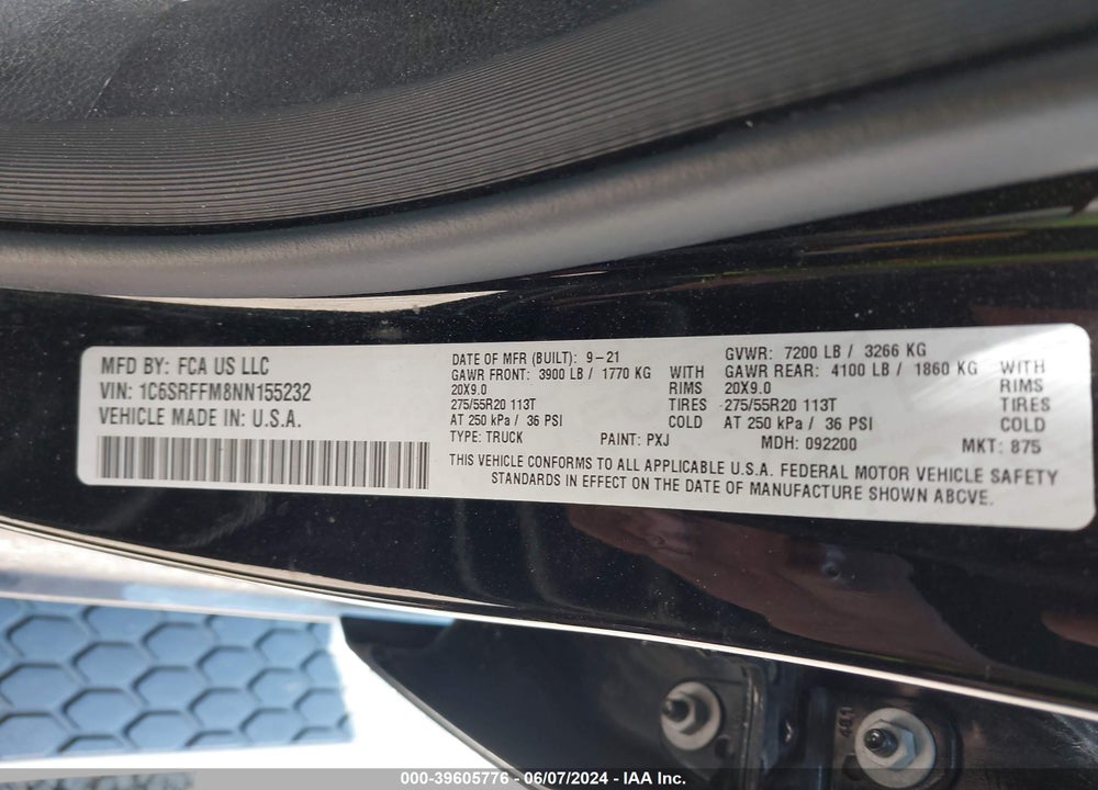 2022 RAM 1500 BIG HORN 4X4 5'7 BOX VIN: 1C6SRFFM8NN155232