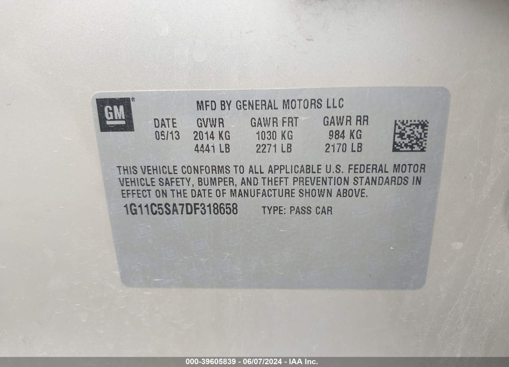 2013 CHEVROLET MALIBU 1LT VIN: 1G11C5SA7DF318658