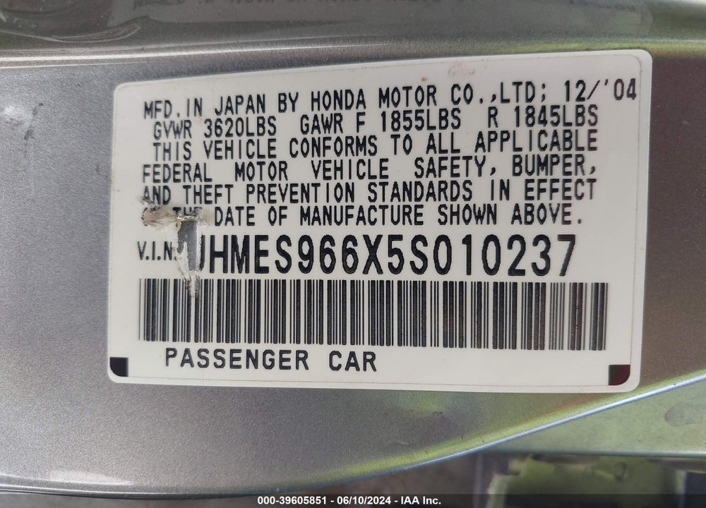 2005 HONDA CIVIC HYBRID VIN: JHMES966X5S010237