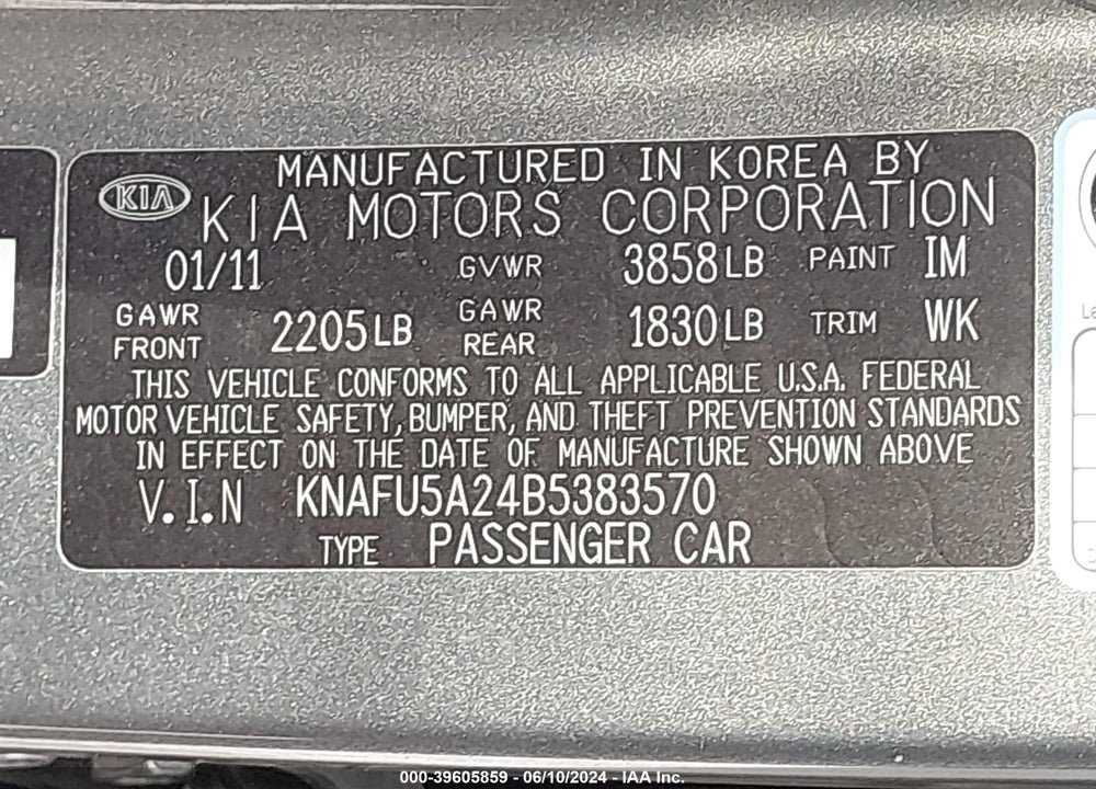 2011 KIA FORTE VIN: KNAFU5A24B5383570