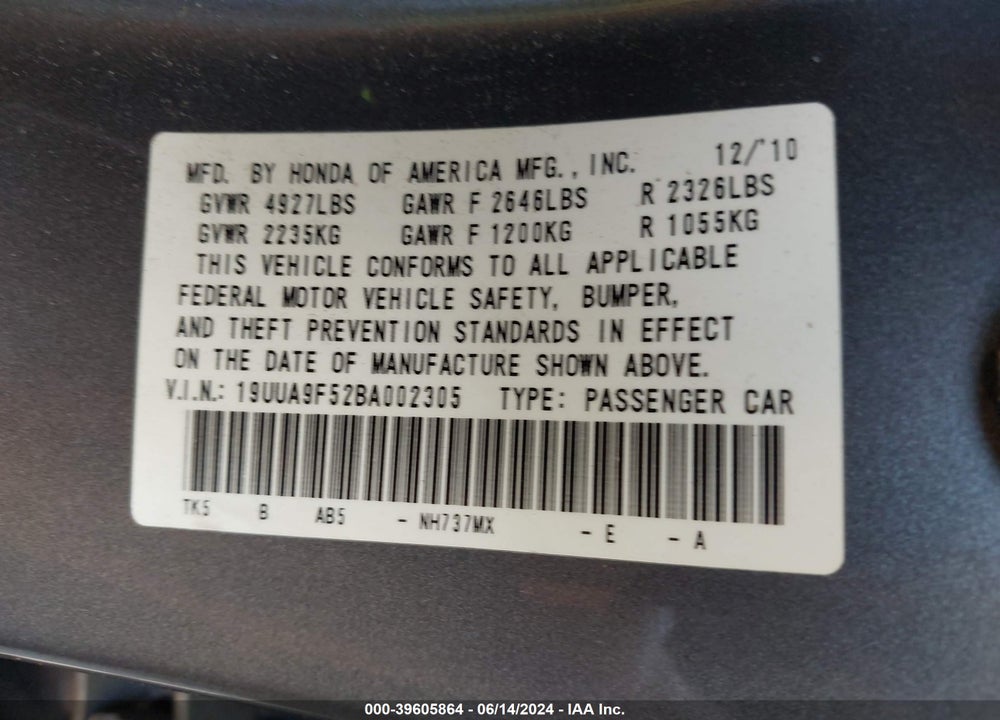 2011 ACURA TL 3.7 VIN: 19UUA9F52BA002305