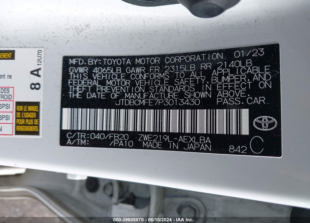 2023 TOYOTA COROLLA HYBRID LE VIN: JTDBCMFE7P3013430