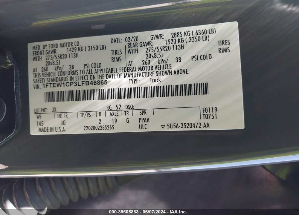 2020 FORD F-150 XL VIN: 1FTEW1CP3LFB46865