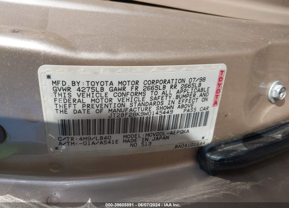1998 TOYOTA CAMRY LE V6/XLE V6 VIN: JT2BF28K9W0145449