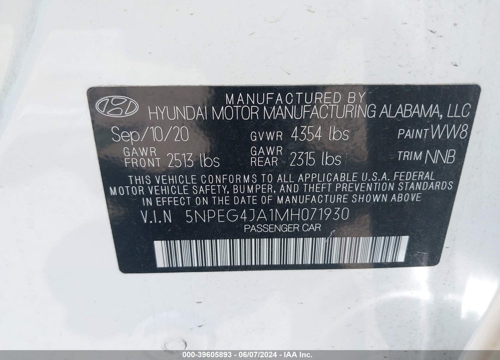 2021 HYUNDAI SONATA SE VIN: 5NPEG4JA1MH071930
