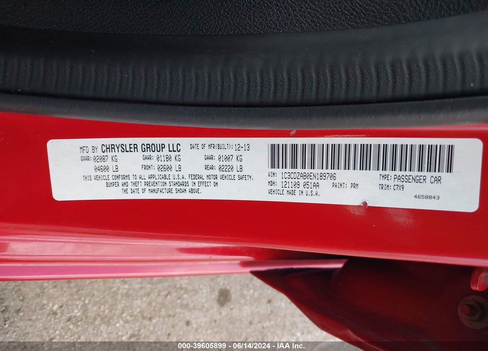 2014 DODGE AVENGER SE VIN: 1C3CDZAB0EN189706