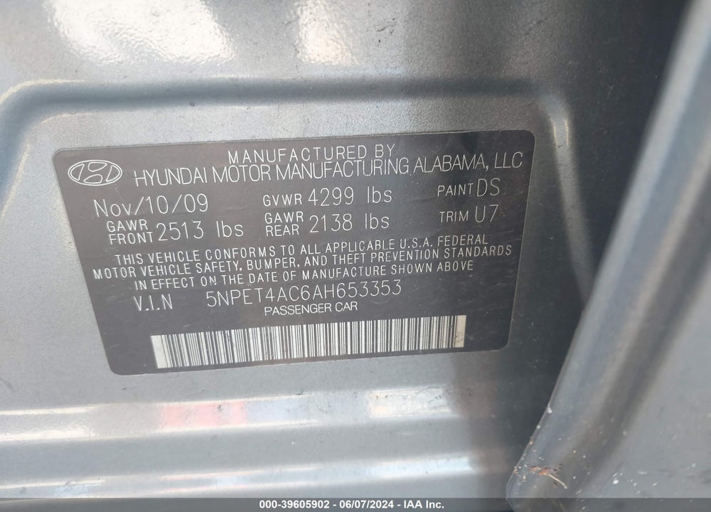 2010 HYUNDAI SONATA GLS VIN: 5NPET4AC6AH653353