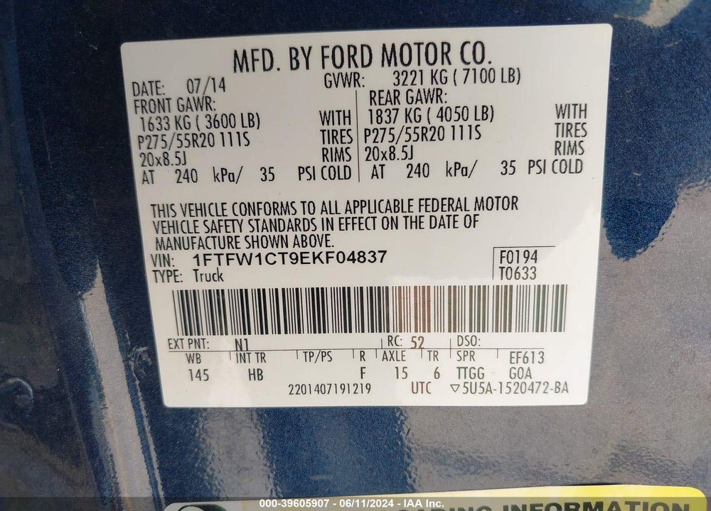 2014 FORD F-150 LARIAT VIN: 1FTFW1CT9EKF04837