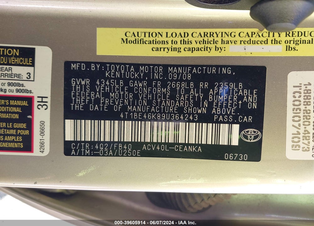2009 TOYOTA CAMRY VIN: 4T1BE46K89U364243