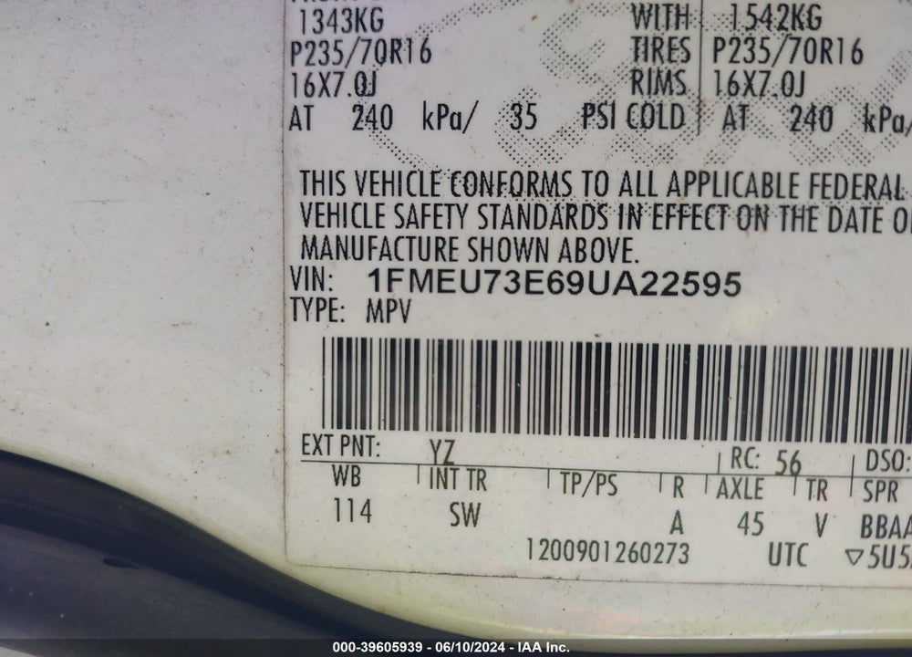2009 FORD EXPLORER XLT VIN: 1FMEU73E69UA22595