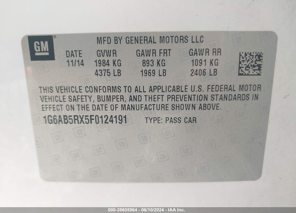 2015 CADILLAC ATS LUXURY VIN: 1G6AB5RX5F0124191