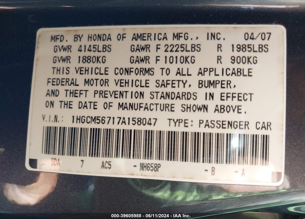 2007 HONDA ACCORD VIN: 1HGCM56717A158047