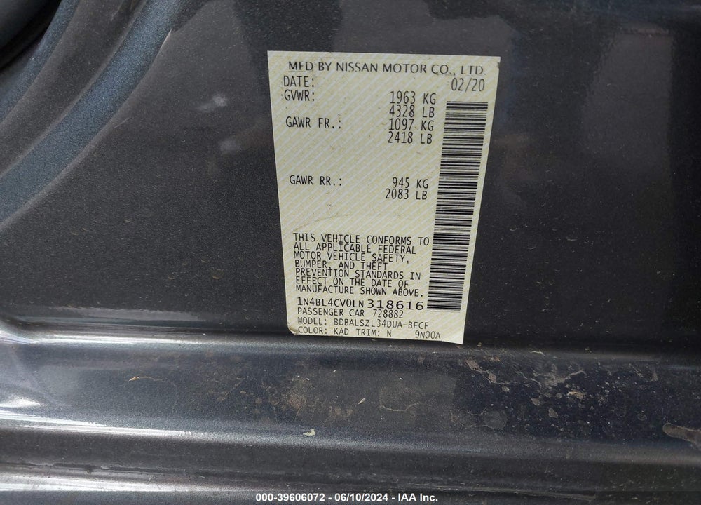 2020 NISSAN ALTIMA SR FWD VIN: 1N4BL4CV0LN318616
