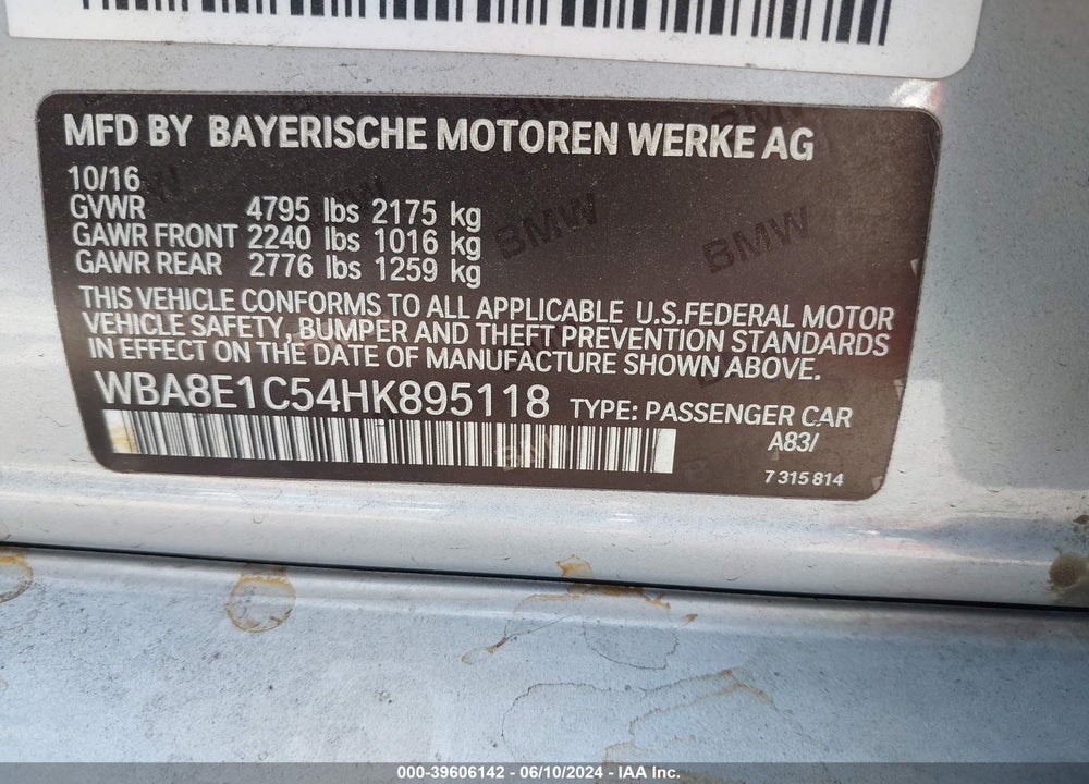 2017 BMW 330E IPERFORMANCE VIN: WBA8E1C54HK895118