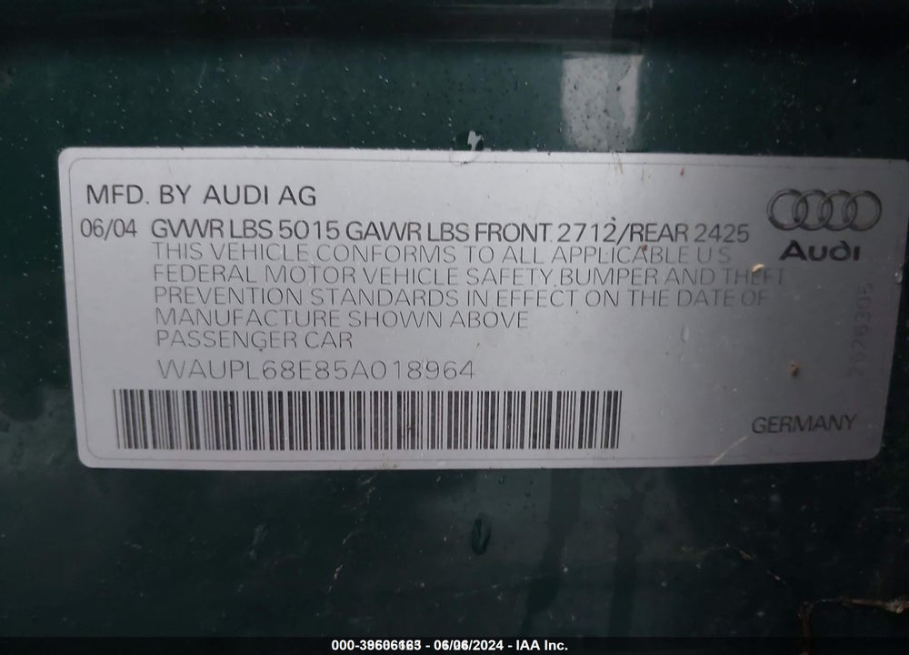 2005 AUDI S4 4.2 VIN: WAUPL68E85A018964