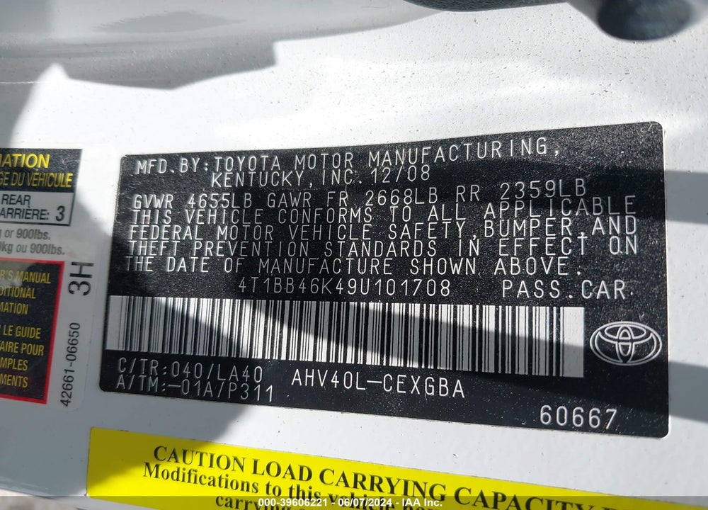 2009 TOYOTA CAMRY HYBRID VIN: 4T1BB46K49U101708