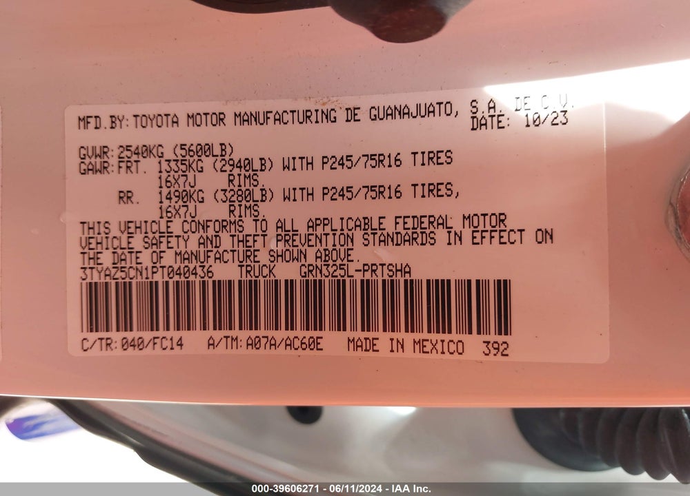 2023 TOYOTA TACOMA VIN: 3TYAZ5CN1PT040436