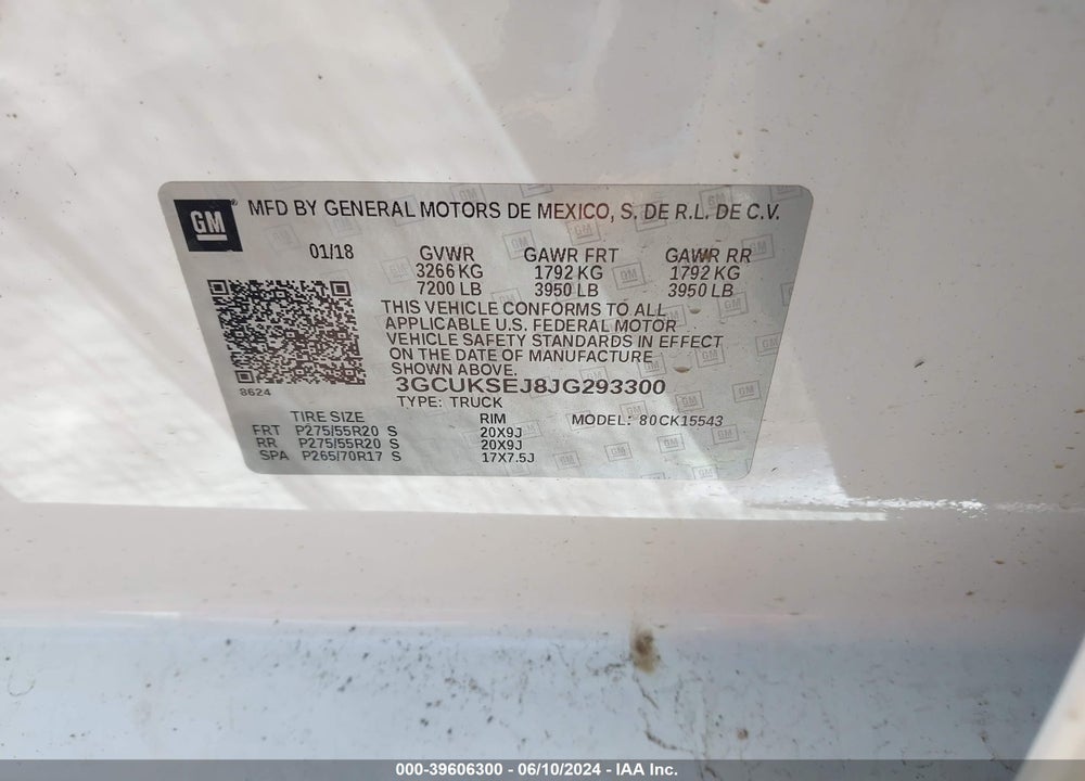 2018 CHEVROLET SILVERADO 1500 1LZ VIN: 3GCUKSEJ8JG293300