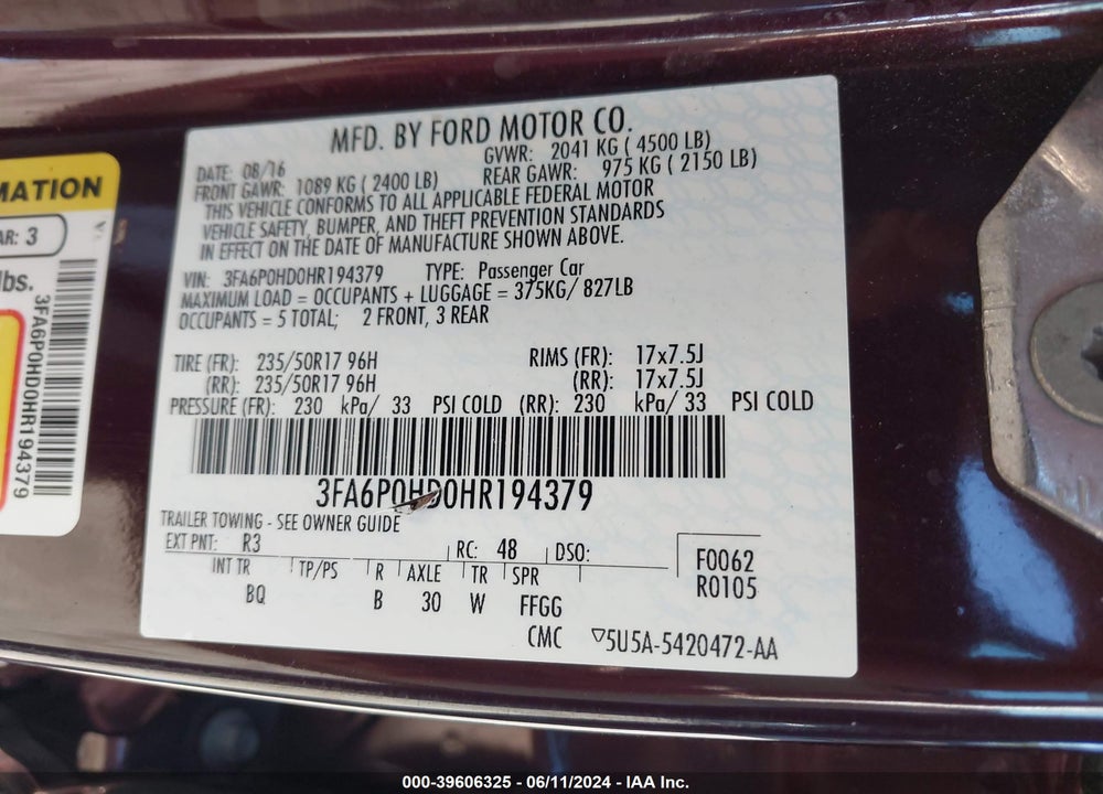 2017 FORD FUSION SE VIN: 3FA6P0HD0HR194379
