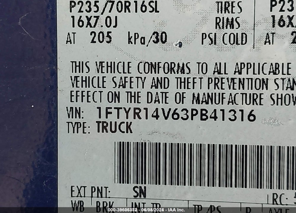 2003 FORD RANGER EDGE/TREMOR/XL/XLT VIN: 1FTYR14V63PB41316