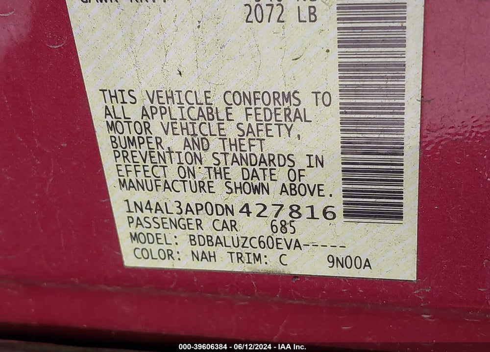 2013 NISSAN ALTIMA 2.5 SV VIN: 1N4AL3AP0DN427816