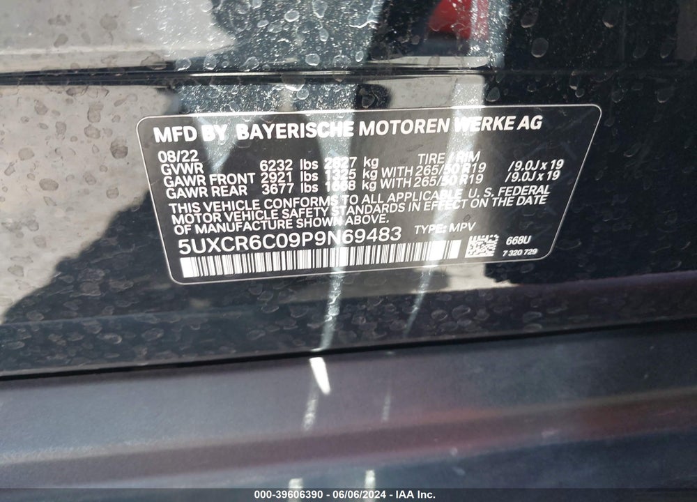 2023 BMW X5 XDRIVE40I VIN: 5UXCR6C09P9N69483